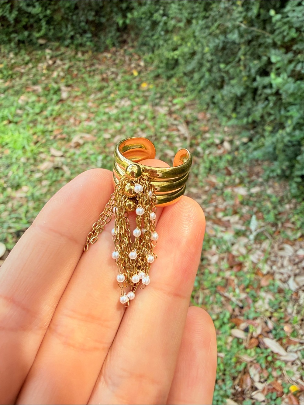 Gold Pearl Tassel Adjustable Band Ring - Picture 2 of 6